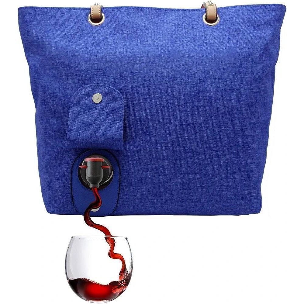 NWT Portovino City Tote Bag Blue Canvas Wine Purse With Hidden Insulated Compart